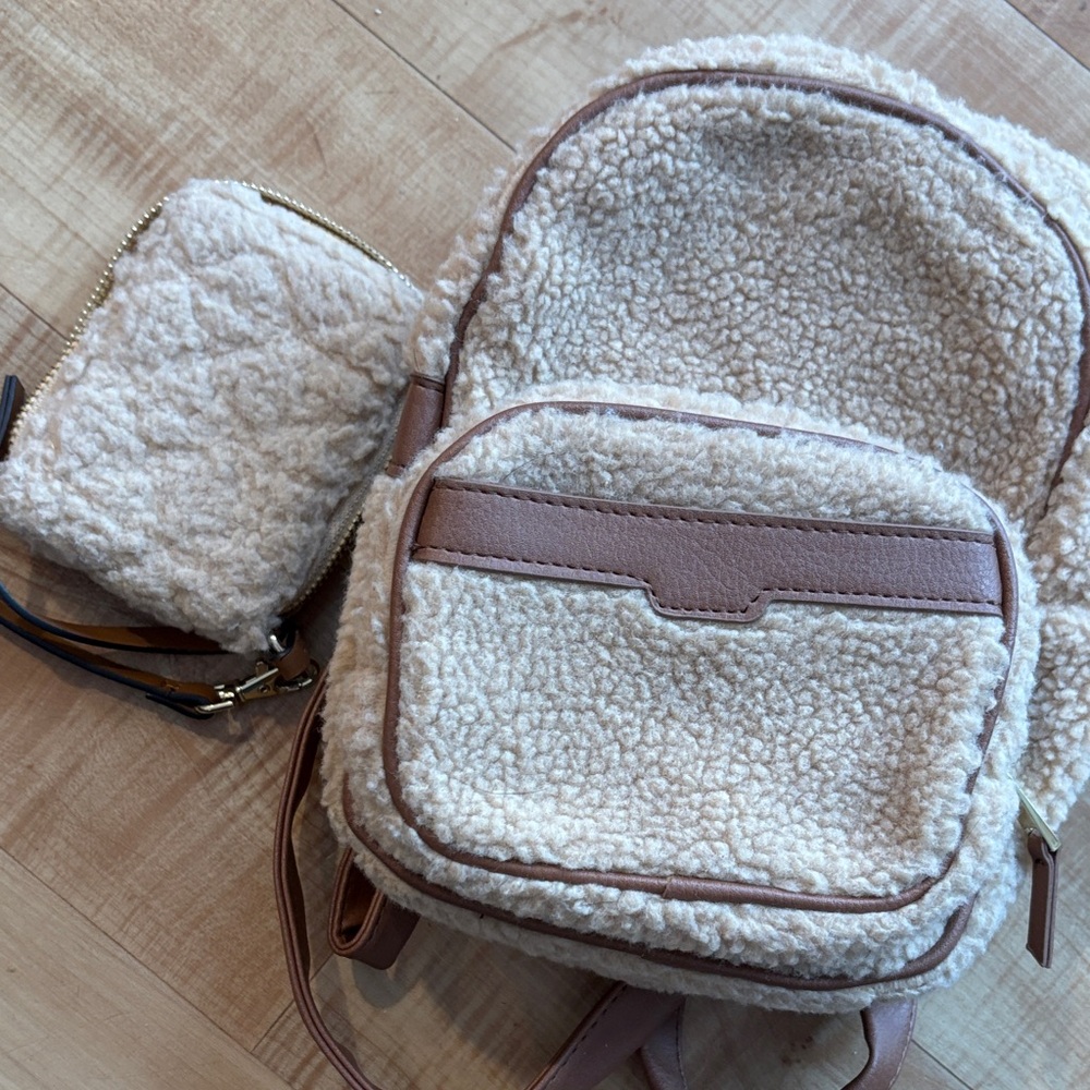 Chic Cream and Tan Sherpa Backpack Set